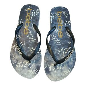 NWOT BEBE Women's Sandals Flip Flops Thong Tamia Rhinestone Logo Size 7/8 Large